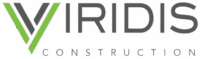 Viridis Construction logo featuring a stylized green and gray 'V' icon, with the word 'VIRIDIS' in bold gray uppercase letters above 'CONSTRUCTION' in smaller gray uppercase letters, representing modernity and professionalism.